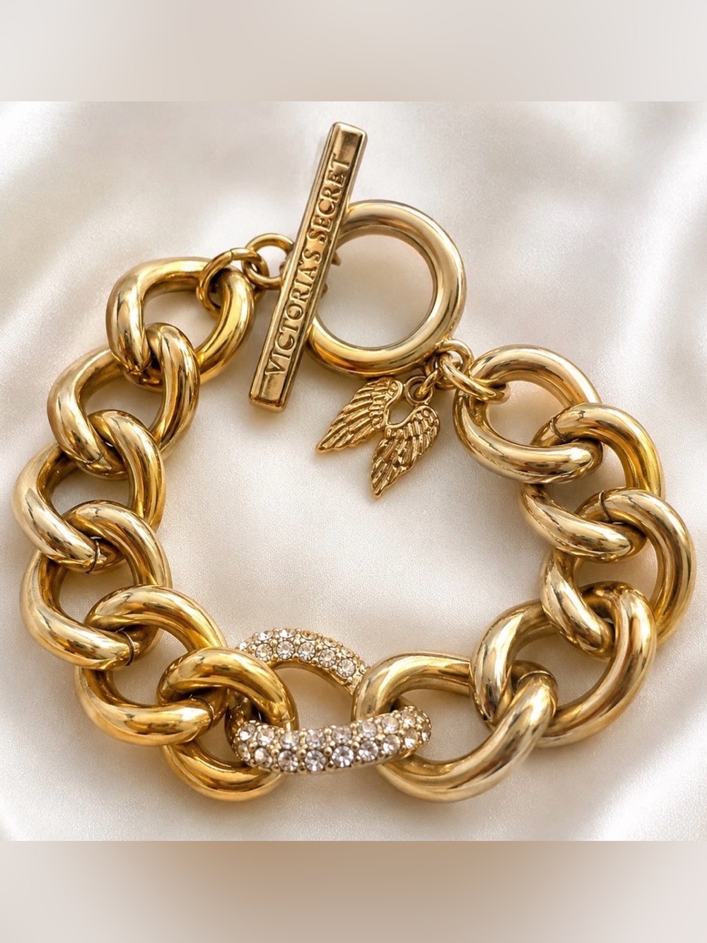 Victoria's Secret Gold Crystal-Link Chunky Bracelet Toggle Wings Charm 8”